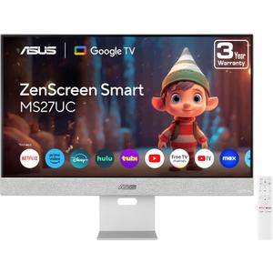 ASUS ZenScreen 27” 4K USB-C Smart Monitor (MS27UC) - UHD (3840 x 2160) IPS, 99% sRGB, GoogleTV, Harman Kardon Speakers, USB-C 90W PD, USB Hub, Wireless Display, Netflix and YouTube