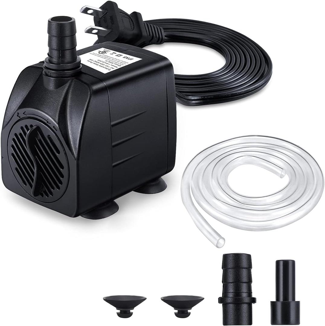 Fountain Pump, 160GPH(10W 600L/H) Submersible Water Pump, Durable Outdoor Fountain Water Pump with 4.9ft Tubing (ID x 1/3-Inch), 3 Nozzles for Aquarium, Pond, Fish Tank, Water Fountain Pump