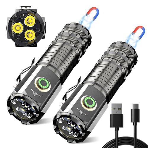 Wind&Moon Mini LED Flashlight Rechargeable, Small Bright High Lumens Powerful Pocket Flashlights with Clip, 5 Modes,Tactical Magnetic EDC Flash Light for Home,Car,Outdoor,Hiking, Emergency (2 Pack)