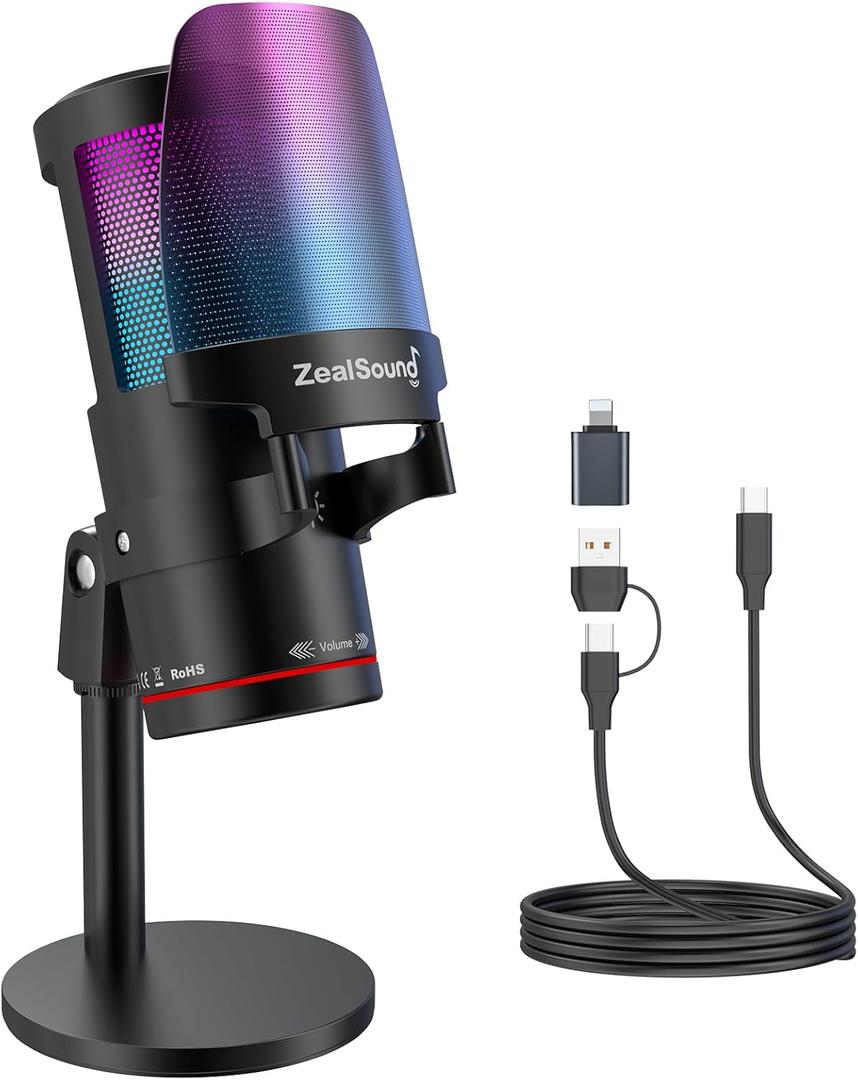 ZealSound Gaming USB Microphone,Noise Cancellation Condenser mic with RGB Light,Touch Mute,Gain,Monitoring for Streaming, Podcast, Twitch, YouTube, Discord, iPhone, iPad,PC,Computer,PS4,PS5,Mac