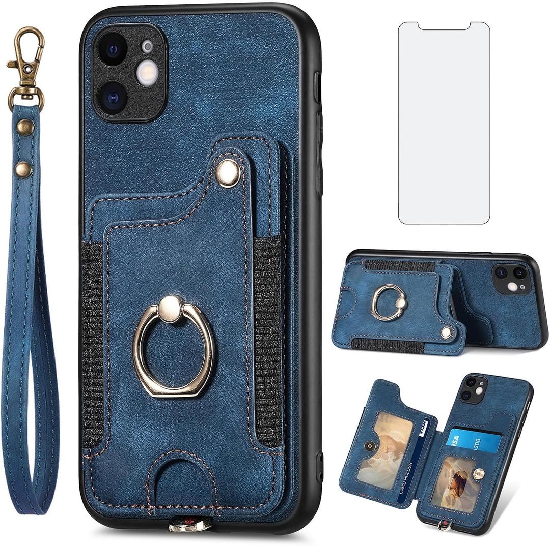 Asuwish Phone Case for iPhone 11 6.1 Wallet Cover with Tempered Glass Screen Protector Wrist Strap RFID Credit Card Holder Ring Stand Cell iphone11case iPhone11 i Phone11 11s XI 11R Women Men Blue