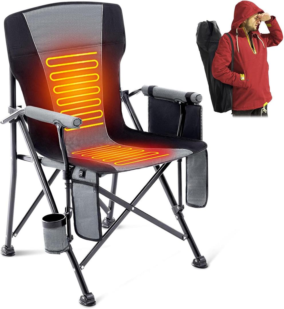 Lamberia Heated Camping Chairs for Adults, Camping Chairs, Portable Heated Chairs for Outdoor, Folding Chairs, Heavy Duty Lawn Chairs for Adults, with Cup Holder, Battery Not Included, Grey