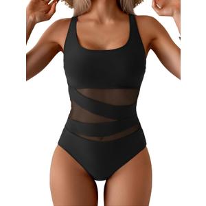 B2prity Women's Mesh One Piece Swimsuit Tummy Control Sexy Bathing Suit Push Up Swim Suit Slimming Swimwear (Medium, Black)