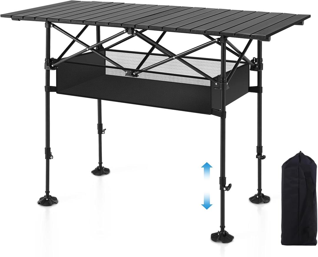 LET'S CAMP Folding Camping Table, Portable Aluminum Roll-up Picnic Backpacking Table with Adjustable Height, Large Storage and Carrying Bag for Picnic, Camping, BBQ, Party, Backyard, Beach, 46.46 x 21.65 x 37.8 inches