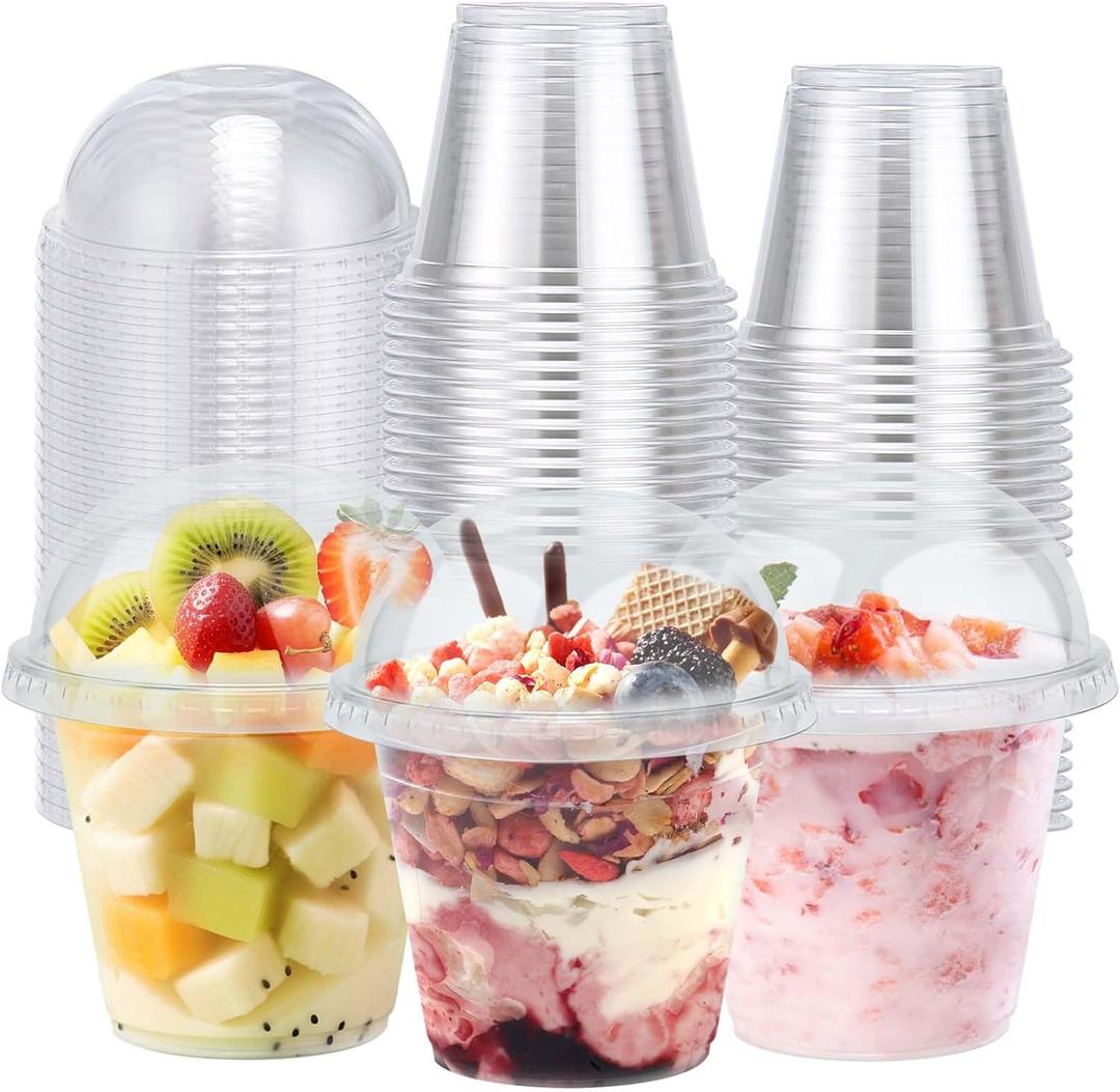Clawsoff 50 Pack 9 oz Plastic Cups with Dome Lids, Disposable Dessert Cup No Hole, Fruit Cup, Clear Parfait Cups for Cake, Cold Drink, Ice Cream, Salad