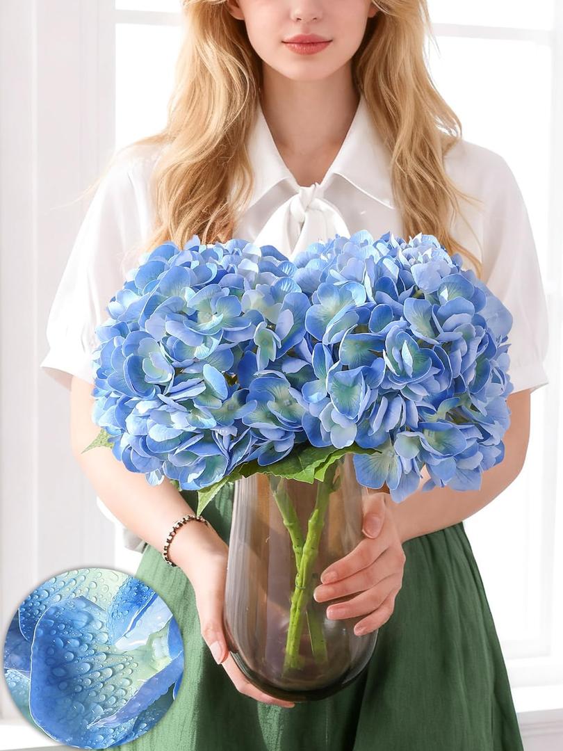 Nubry 2Pcs Blue Hydrangea Artificial Flowers, 22.5In Latex Faux Real Touch Large Hydrangea Flowers with Long Stems & Leaves for Home Office Decor Wedding Party Arrangements(Blue)