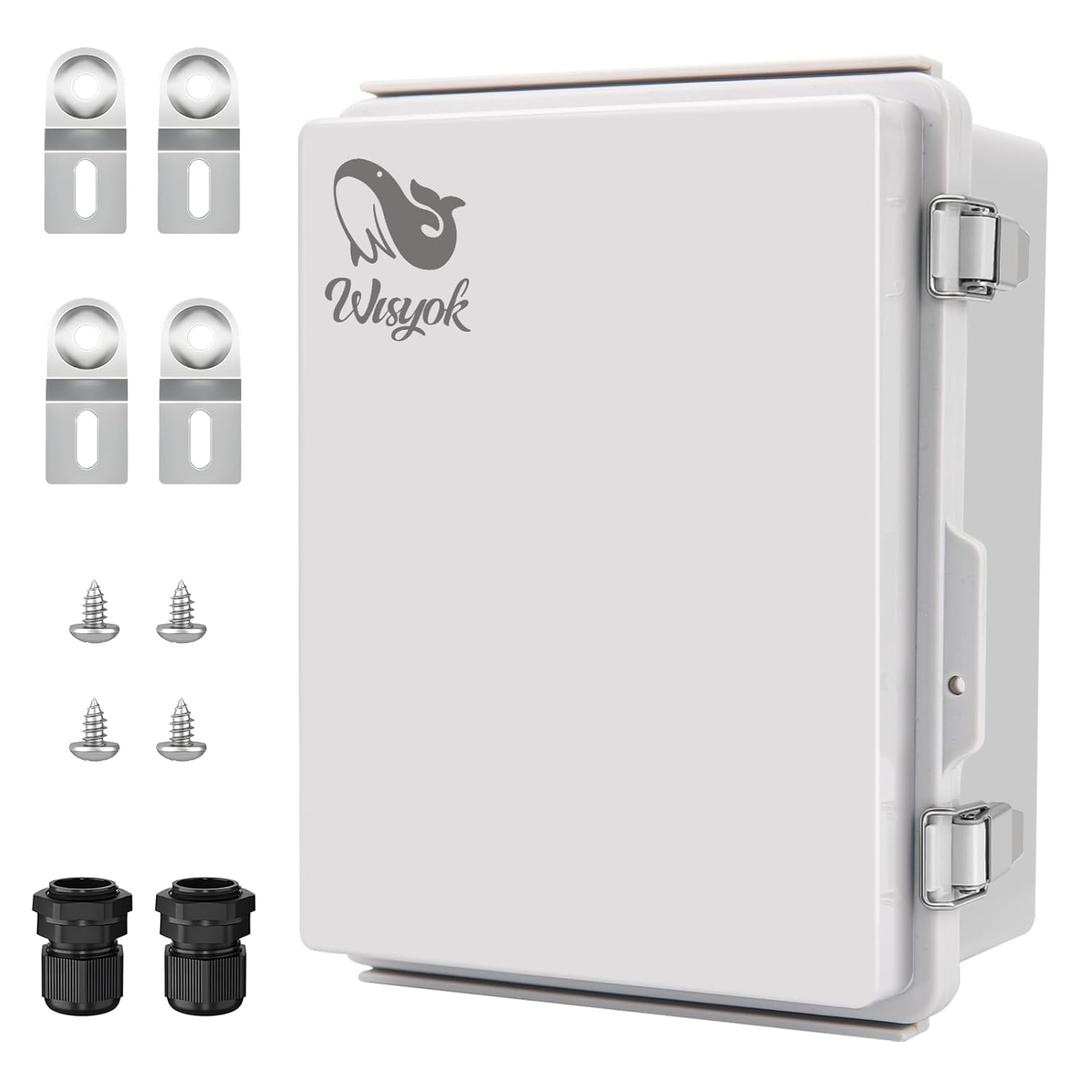 WISYOK Waterproof Outdoor Electrical Box, Weatherproof IP67 ABS Junction Box with Mounting Plate, Hinged Cover, Wall Brackets, Grey Enclosure for Projects (9"x6.7"x4.3")