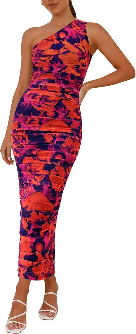PRETTYGARDEN Women's One Shoulder Bodycon Dresses Summer 2025 Ruched Floral Beach Cocktail Wedding Guest Dress (Purple Orange)