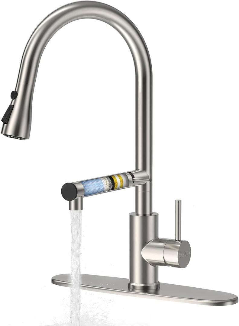FEELSO Kitchen Faucets, Upgraded Filter Water Kitchen Faucet with Pull Down Sprayer, Brushed Nickel Stainless Steel High Arc 1 Or 3 Hole Kitchen Sink Faucet for Remove Chorine, Harmful Substances