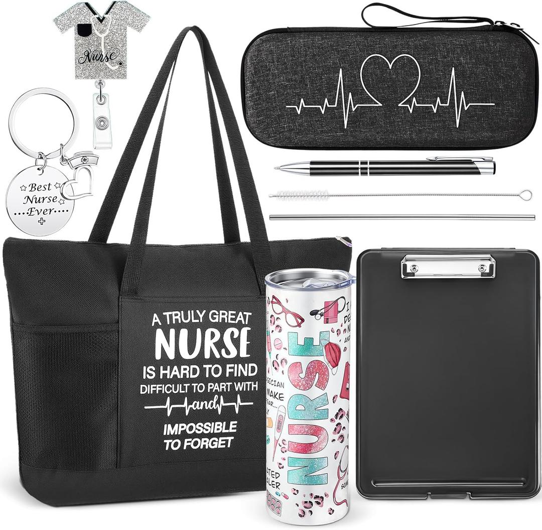 Patelai 7 Pcs Nurse Gifts for Women Nurse Appreciation Gifts Set Nurses Canvas Tote Bag Tumbler Keychain for Nursing Student Christmas Thanksgiving Thank You Birthday Gift(Black,Graffiti)