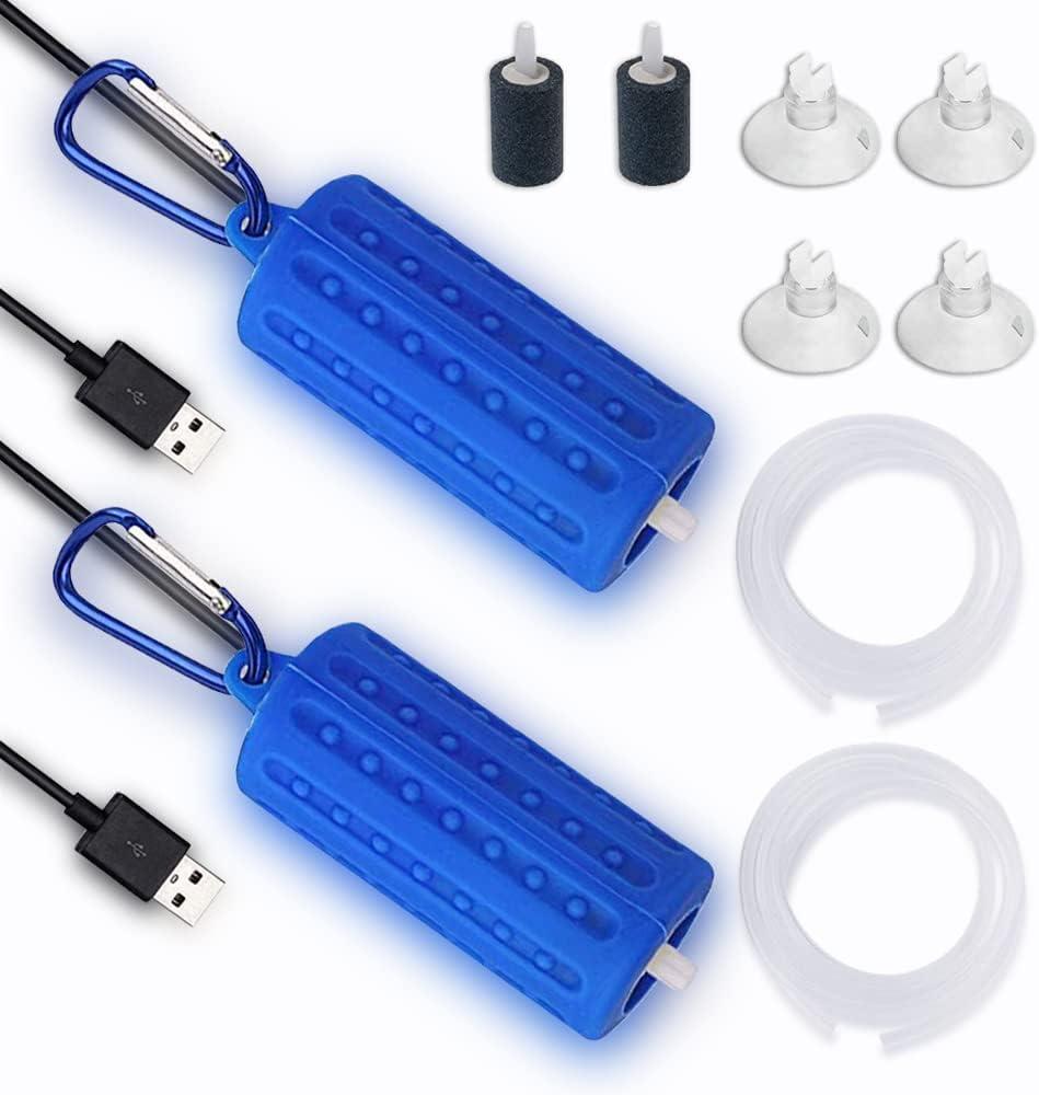 2 PCS USB Air Pump Aquarium Ultra Quiet Oxygen Pump for Fish Tank with Hanging Buckle (Blue - 2PCS)
