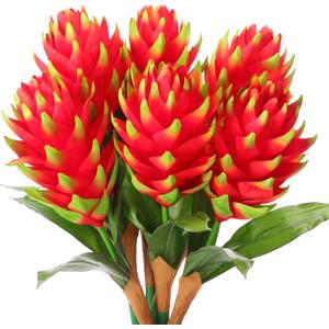 Hotop 6 Pcs Red Bromeliad Artificial Tropical Flowers 16 Inch Plastic Tropical Imitation Plant Flower Fake Bromeliad Artificial Bouquets for Home Tabletop Room Indoor Outdoor Decoration