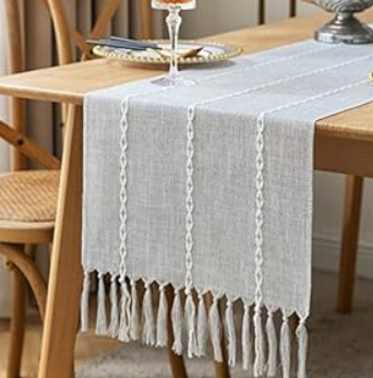 ZeeMart Farmhouse Braided Striped Table Runner, Rustic Sage Green Table Runners 90 Inches Long Boho Home Decor, Light Gray 15x90 Inches