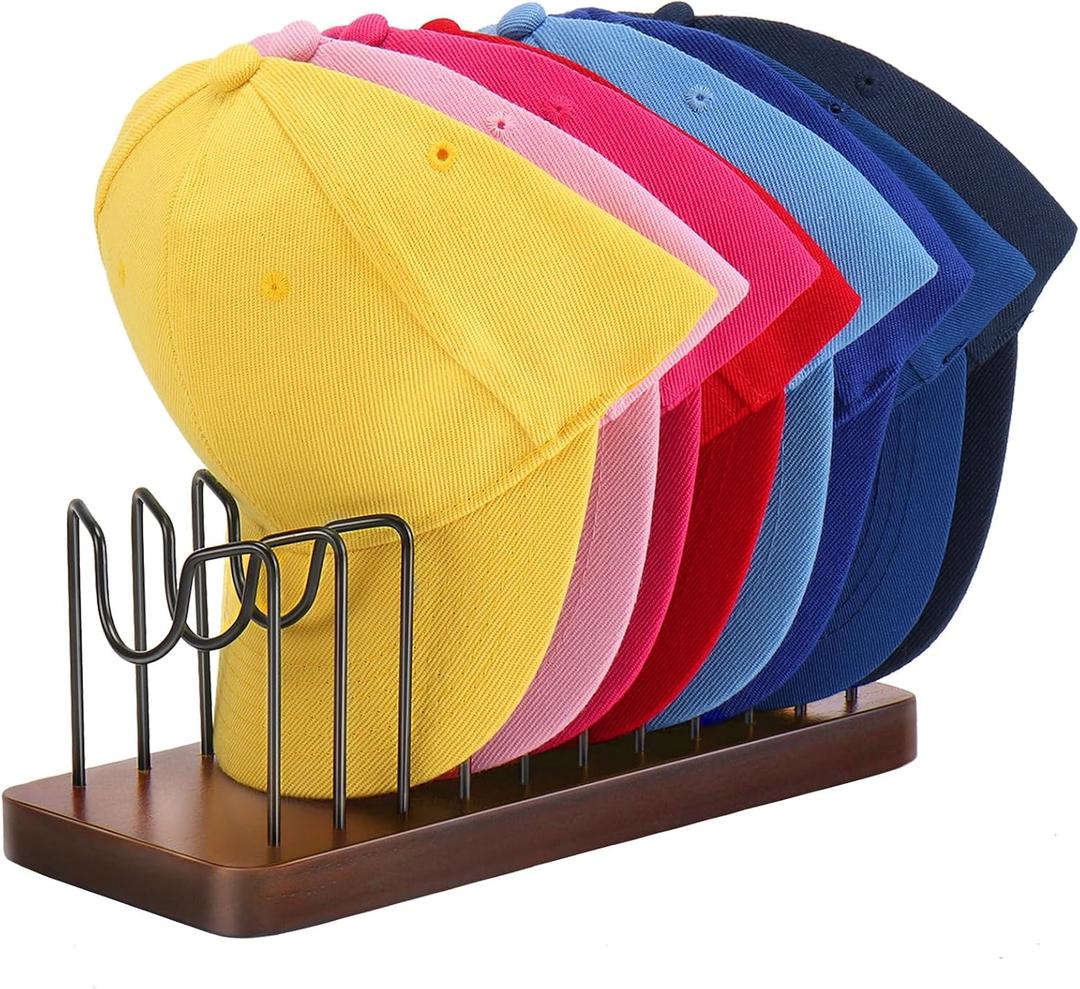 Outink Hat Organizer for Baseball Caps, Hat Rack Stand for 10 Hats Wood Metal Hat Holder Storage Baseball Cap Organizer for Closet Dresser Desk (Brown, Pack of 1)