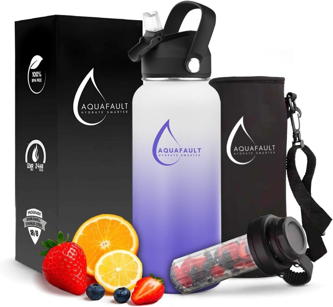 Aquafault 32oz Stainless Steel Fruit Infuser Water Bottle  BPA-Free, Leak-Proof, Easy to Clean, Reusable Sports Bottle for Gym, Travel & Outdoor Use (Mystic Purple)