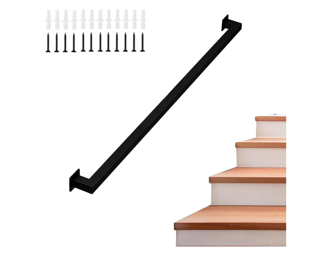 Wall Handrail 2ft for Stairs Steps,Square Metal Staircase Handrail,Black Galvanized Industrial Iron Hand Rail for Indoor & Outdoor Wall Mount Support,Iron Banister Rail, Safety Grab Handle