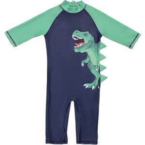 LIZENS Boys Rash Guard Shirts One Piece Swimwear Green Dinosaur Short Sleeve UPF50+ Sun Protection Swimsuit (6-7 Years)