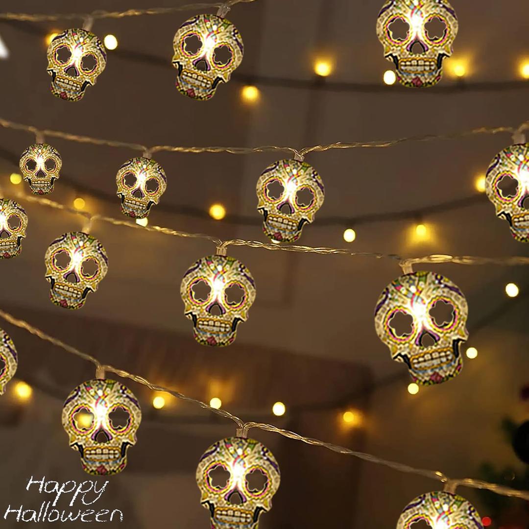 Halloween String Lights, 2 Packs Skull String Lights 15Ft 30LED Halloween Fairy Lights Fall Decor Light Battery/USB Powered Optional 2 Modes Flashing Cute Lights for Home Yard Patio 2025 Indoor Decor