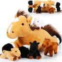 Lenwen 5 Pcs Horse Stuffed Animals Large Mommy Horse Plush with 4 Cute Babies in Zippered Belly Nurturing Plushie Toy Set for Birthday Gift Derby Party Favors(Cute)