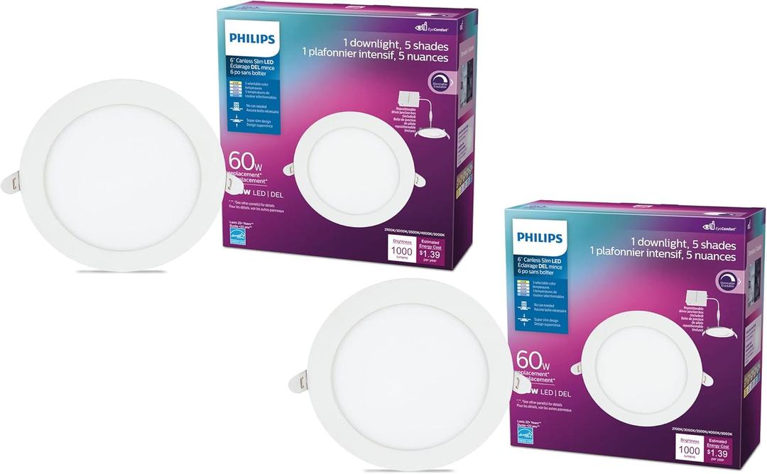PHILIPS LED 60W Slim 6-inch Canless Downlight 2-Pack Selectable White Multi-CCT 1000 Lumen (11.5W = 60W) Dimmable No Housing Required