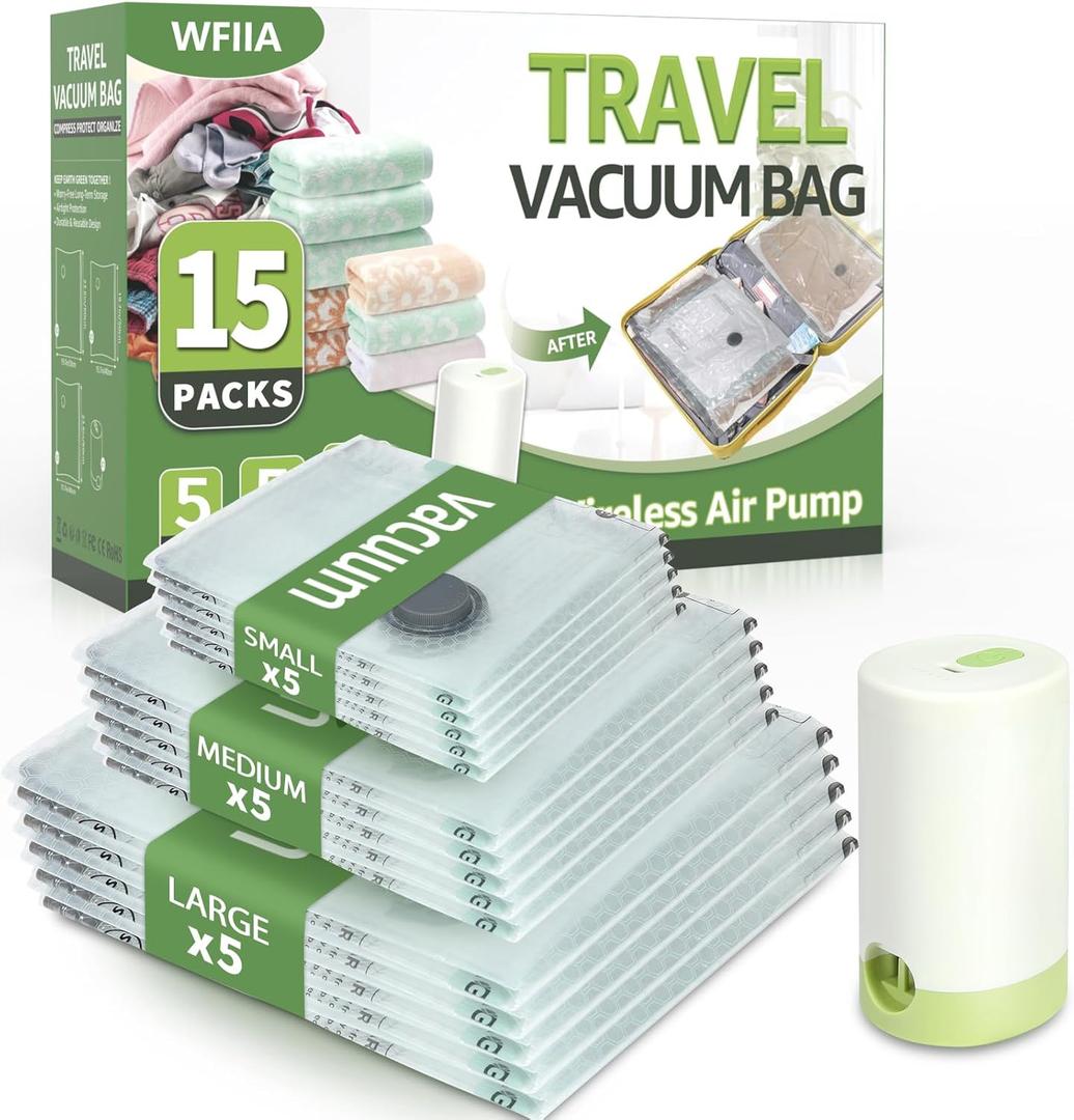 15 Packs Vacuum Bags for Travel with Rechargeable air Pump, 3 Sizes Vacuum Seal Bags for Clothing, Space-Saving Compression Storage Bags for Travel & Closet Organization