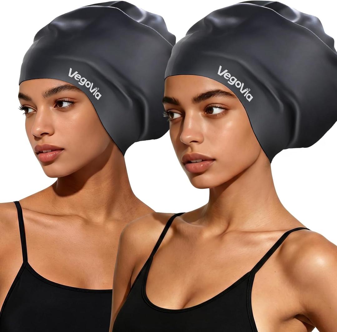 VegoVia Large Swim Cap for Braids and Dreadlocks, Waterproof Silicone Swimming Cap for Women Men Adult Long Hair to Keep Hair Dry (Black)
