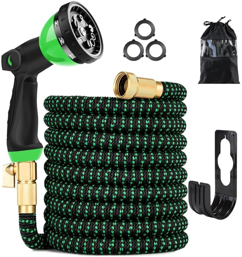 50 ft Expandable Garden Hose - Kink Free Flexible Water Hose with Thumb-Controlled 10-Function Nozzle, 3/4 Solid Connectors, Durable 3750D Fabric, 4-Layer Latex Core