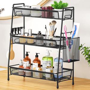 VITVITI 3-Tier Bathroom Organizer Countertop, Metal Wire Mesh Bathroom Counter Organizer Storage with Basket Hooks, Vanity Tray Shelf, Kitchen Spice Rack (Black)