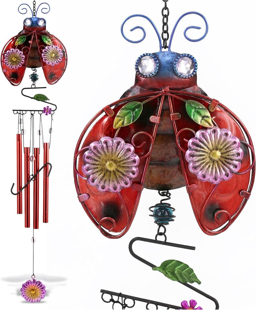 CoTa Global Ladybug Wind Chime - Handmade Glass and Metal Chime - Bug Wild Life Hanging Decor - Colorful Home Decor Gift, Indoor and Outdoor Hanging Decoration For Porch, Patio, and Garden - 33.5 Inch