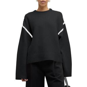 Saodimallsu Womens Sweaters Crewneck Long Sleeve Fall Chunky Knit Sweater Color Block Slouchy Loose Pullover Jumper Tops, M