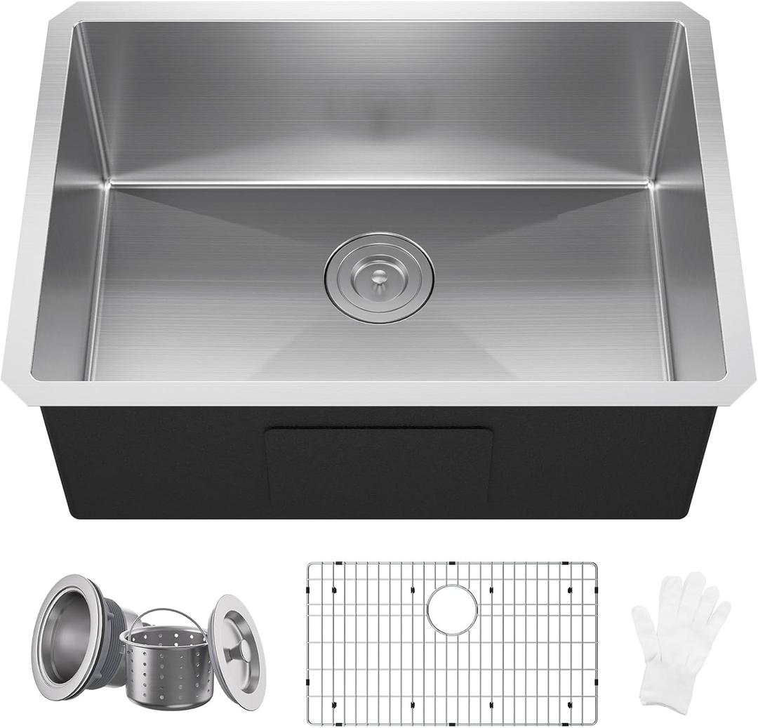 25x18 Undermount Kitchen Sink, WATERLACE Premium 16 Gauge 304 Stainless Steel Handmade Modern Kitchen Sink with Bottom Grid & Drain Assembly (25" x 18" x 10")