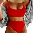 Lilosy High Waisted Tummy Control Ribbed Bikini Crop Top Brazilian Swimsuit Set 2 Piece (Medium, Bright Red)
