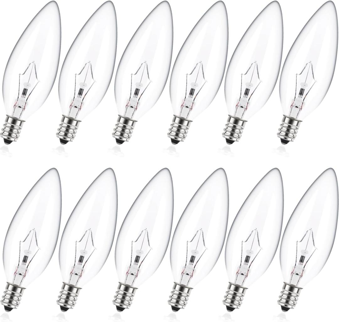 MEQIQTEK E12 60 Watt Incandescent Candle Light Bulbs, Chandelier Light Bulbs for Ceiling Fan, Vanity, Outdoor - Warm White 2500K, 500 Lumen Dimmable B10 Clear Candelabra Base Bulbs (12 Pack)