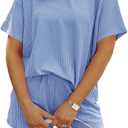MARZXIN Women 2 Piece Shorts Set 2026 Casual Summer Cruise Outfits Ribbed Loose Short Sleeve Pocket Matching Lounge Sets (Medium, Blue)