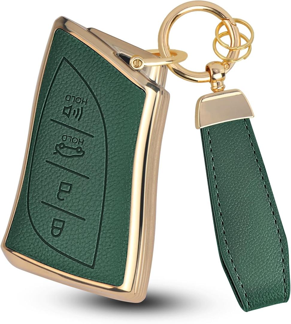 QBUC for Lexus Key Fob Cover with Keychain,Upper Leather + Soft TPU Car Key Case Shell for Lexus 2018-2025 ES350 ES300h UX200 RX350 RX450h NX300h GX460 TX550 LX600 LS500 LC500h,4 Buttons(Green)
