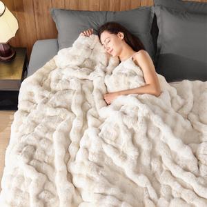 Luxury 1000GSM Faux Rabbit Fur Throw Blanket, Super Heavy Warm Cozy Blankets for Couch Bed Sofa, Bubble Plush Fuzzy Elegant Soft Reversible Mink Blanket for Living Room Bedroom, Cream White (50"x60")