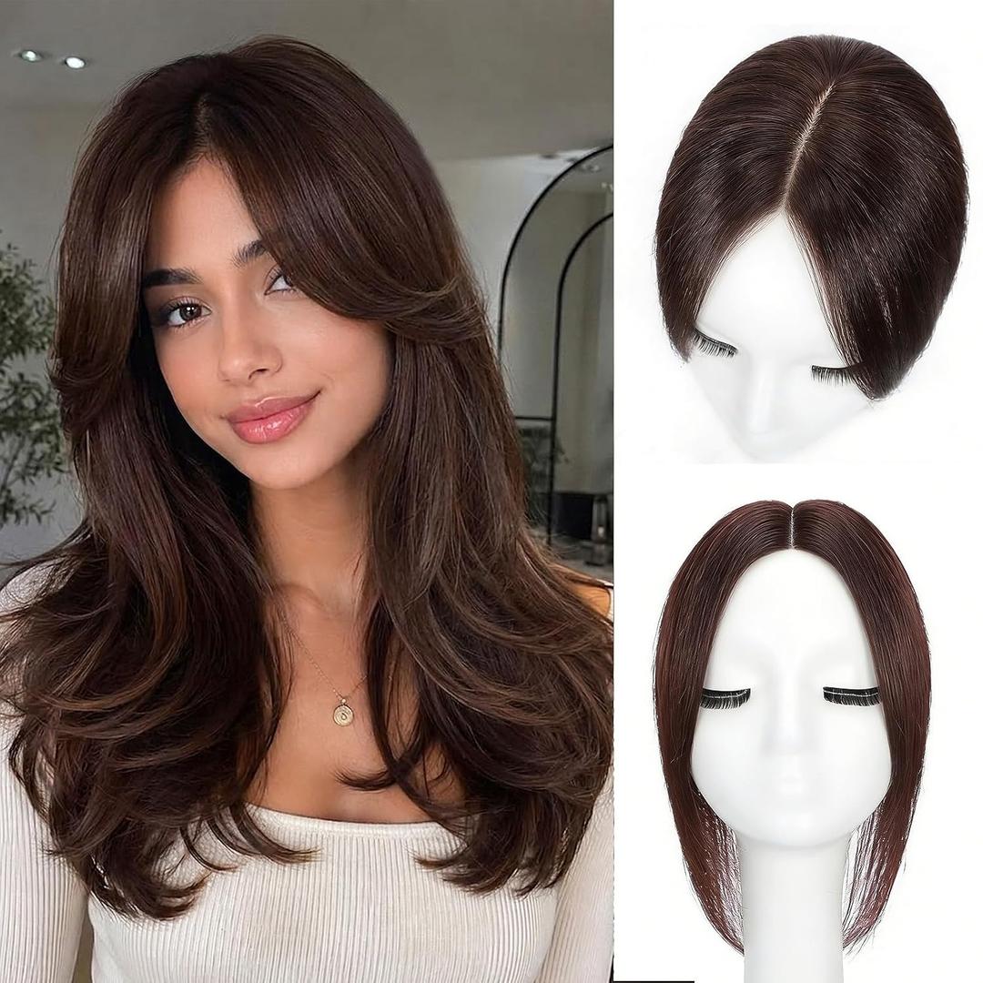 Matriarchs Hair Toppers For Women Real Human Hair,360 3D Human Hair Topper 12inch Curtain Bangs Clip in Toppers Hairpieces With Thinning Crown and Natural Coverage Dark Brown