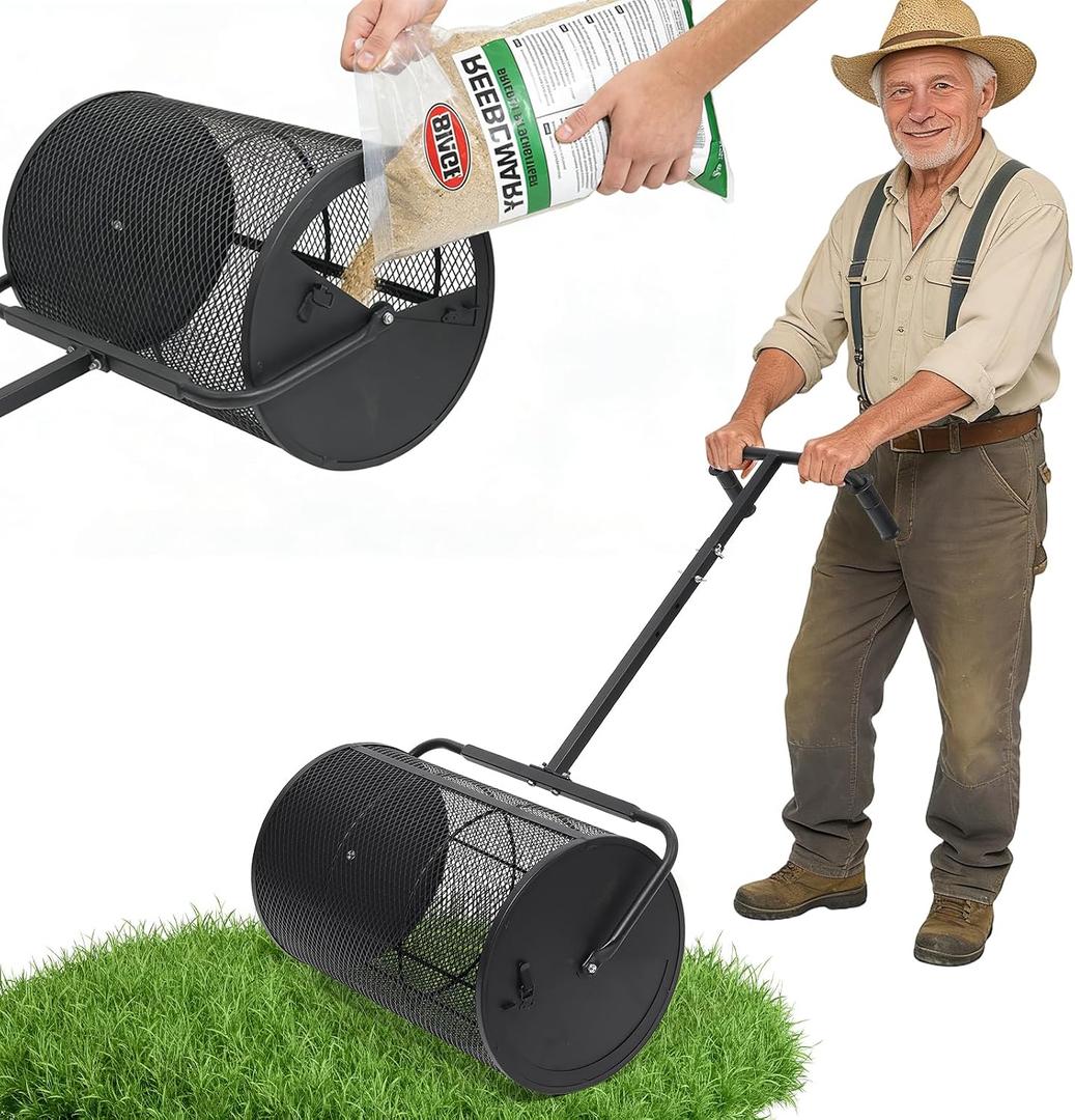 Compost Spreader 24in Peat Moss Spreader - U Shaped Comfortable Handle & Adjustable Height Powder-Coated Metal Mesh Hand Fertilizer Spreader for Garden Yard Lawn Care