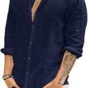 JEKAOYI Mens Summer Casual Long Sleeve Cotton Linen Shirts Button Up Solid Plain Roll-Up Sleeve Beach T Shirts, XL