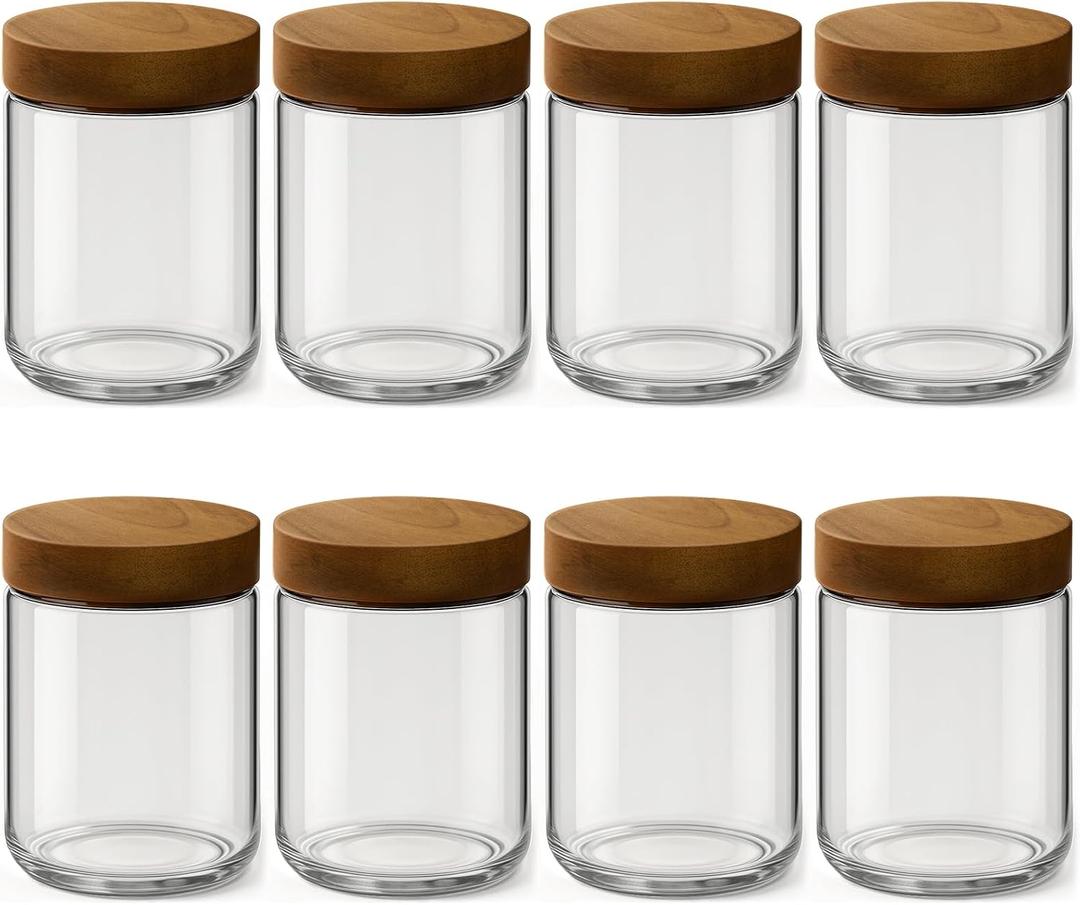 8 Pack 16oz and 10oz Overnight Oats Containers with Lids, Glass Mason Jars with Acacia Wood Airtight Lids, Wide Mouth Meal Prep Storage Jars for Yogurt, Chia Pudding, Salad, Snacks