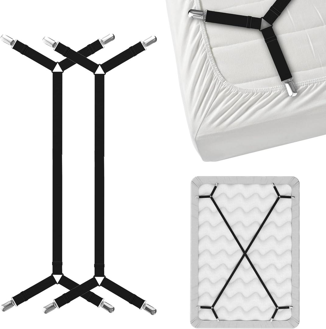 FeelAtHome Bed Sheet Holder Straps Criss-Cross - Sheets Stays Suspenders Keep Fitted/Flat Bedsheet in Place - for Twin Queen King Mattress Holders - Bed Sheet Strap - Fitted Sheet Clip Sheet Keepers (Black 2pcs)