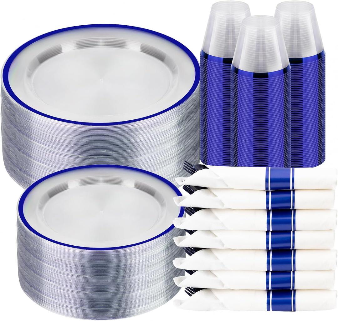 BESTSTAR 350PCS Clear and Blue Disposable Plates Set for 50 Guests, 100 Plastic Plates, 50 Cups, 50 Pre-Rolled Napkins with Plastic Cutlery for Party, Birthday, Thanksgiving, Christmas, Halloween