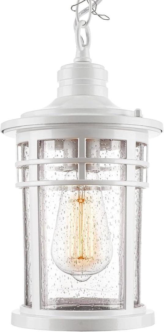 Darkaway Outdoor Pendant Lights for Porch, Outdoor Chandelier Hanging Porch Lights Ceiling Mount Aluminum with Seeded Glass for Front Porch Gazebo Patio (Medium, White)