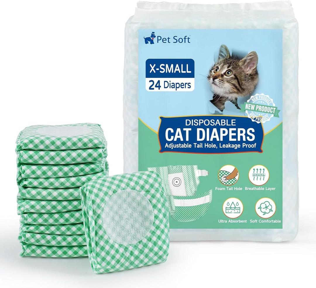 Pet Soft Disposable Cat Diapers for Female & Male Cats, Puppy Doggie Diapers for Female Dogs with Adjustable Foam Tail Hole, X-Small (24Pcs, Green)