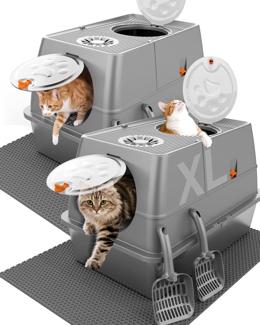 2PACK Stainless Steel Litter Box with Lid, XL Extra Large Litter Box Enclosed Top Entry Metal Litterbox for Big Cats & Multi-Cats, Easy Cleaning Anti Leakage, High Sided with Mat & Scoop, Dark Grey