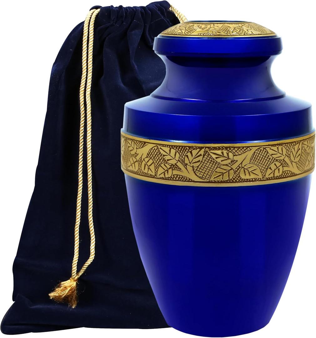 ALPHA Living HOME Urns for Human Ashes Adult Female and Male 200+ Cubic Inches, Decorative Burial Urn, Funeral Cremation Urns for Women and Men, Handcrafted Urn for Ashes Adult, 11" Blue Gold