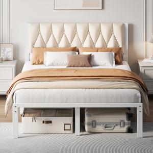 Decofy Twin Size Upholstered Bed Frame with Tufted Headboard and Raised Footboard, Metal Platform Bed Frame, Easy Assembly, Noise Free, No Spring Box Needed (Beige)