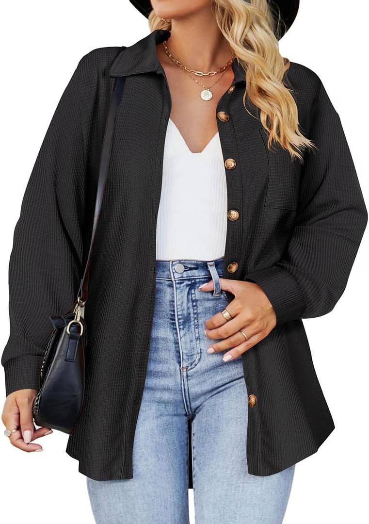 CARCOS Womens Plus Size Button Down Shirts Long Sleeve Tops Collared Blouses Shacket Jacket Winter Shirts XL-5XL (8-black)