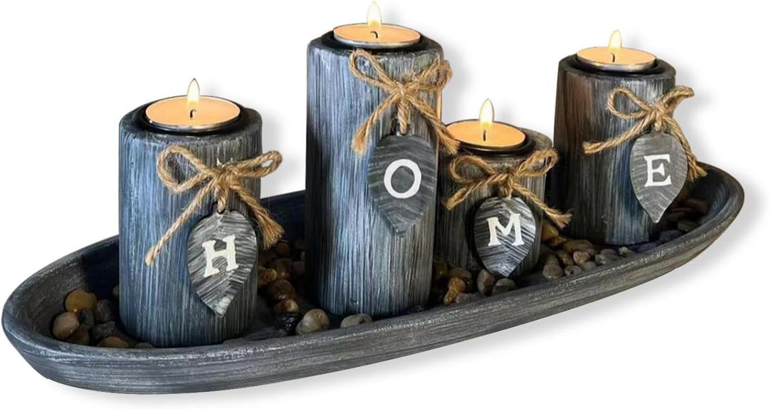 Wooden Candle Holders Centerpieces for Living Room Coffee Table Decorations,Farmhouse Table Decor Tealight Candles Holders with Rustic Tray,Candlesticks for Home Decoration Fireplace Kitchen
