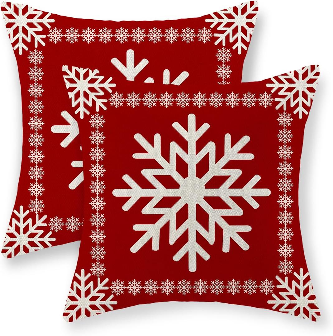Christmas Pillow Covers - 20x20 Set of 2 Winter Snowflake Pillowcases - Red Throw Pillows - Farmhouse Holiday Linen Decorations - Outdoor Cushion Covers for Sofa Couch Home